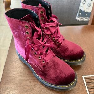 Dr. Martens Velvet Lace-Up Boots in Deep Red/Burgundy